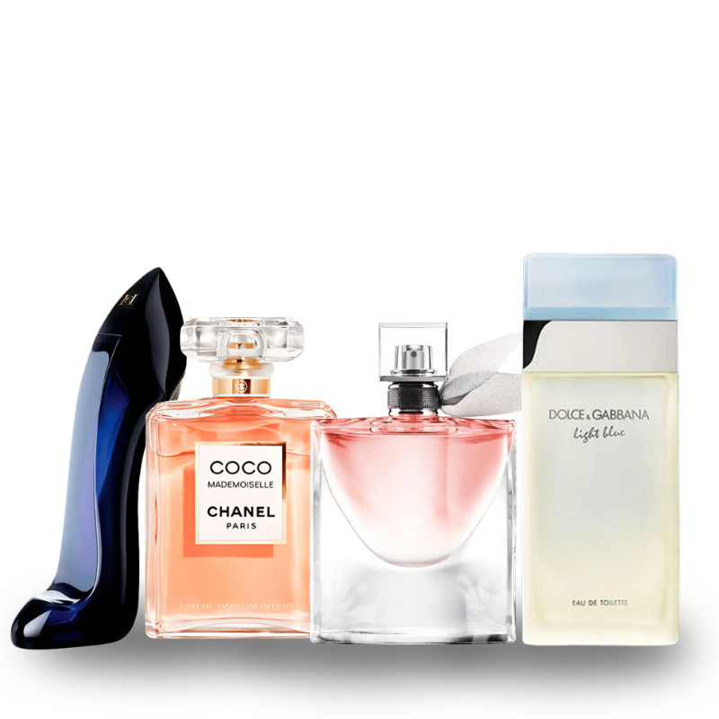 Zestaw 4 perfum: Carolina Herrera GOOD GIRL, Chanel COCO MADEMOISELLE, Lancôme LA VIE EST BELLE, Dolce Gabanna LIGHT BLUE 100ml